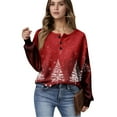 thumbnail image 2 of Women's Casual Christmas Print Waffle Henley Shirt Long Sleeve Top Button Up V Neck Loose Knit Fall Winter Favorite Blouse,Vermilion,L, 2 of 8