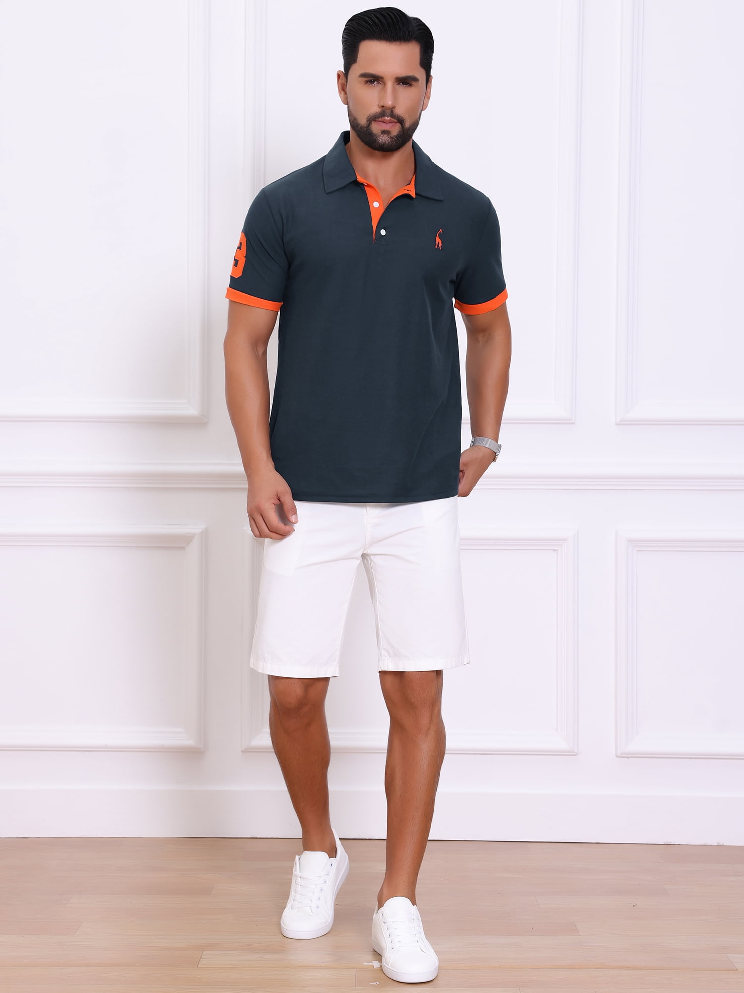 DARING DIVA Men's Pique Contrast Color Short Sleeve Golf Polo Shirts L Navy Blue