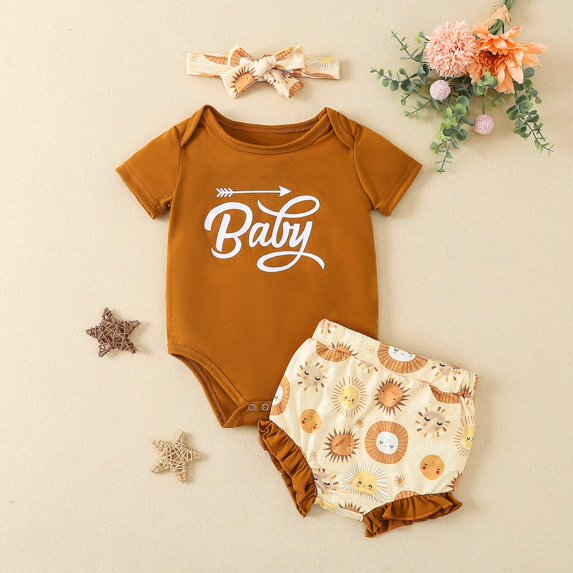 Vedolay Girl's Shorts Sets Little Girl Outfits Off Shoulder Ruffles Prints T Shirt Tops and Shorts Set,Brown 18 Months