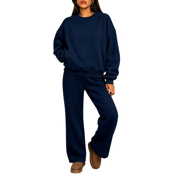 Szluipve 2 Piece Sets for Women 2 Piece Loungewear Set, Crew Neck Oversized Sweatshirt & High Waist Wide Leg Pants, Solid Color Fleece Casual Matching Tracksuit Navy 2XL