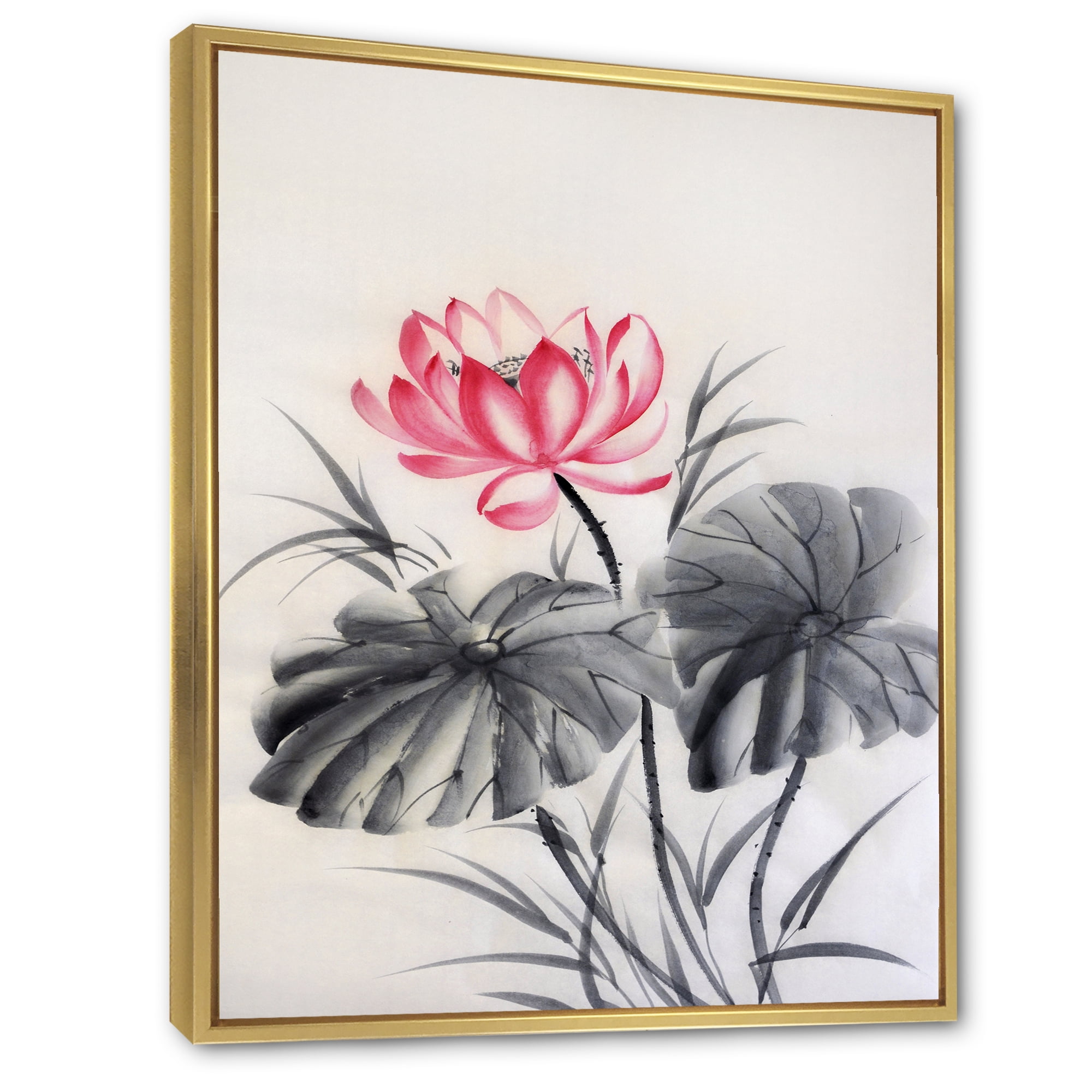 Designart 'Two Monochrome Leaves With Lotus Flower' Traditional Framed Canvas Wall Art Print