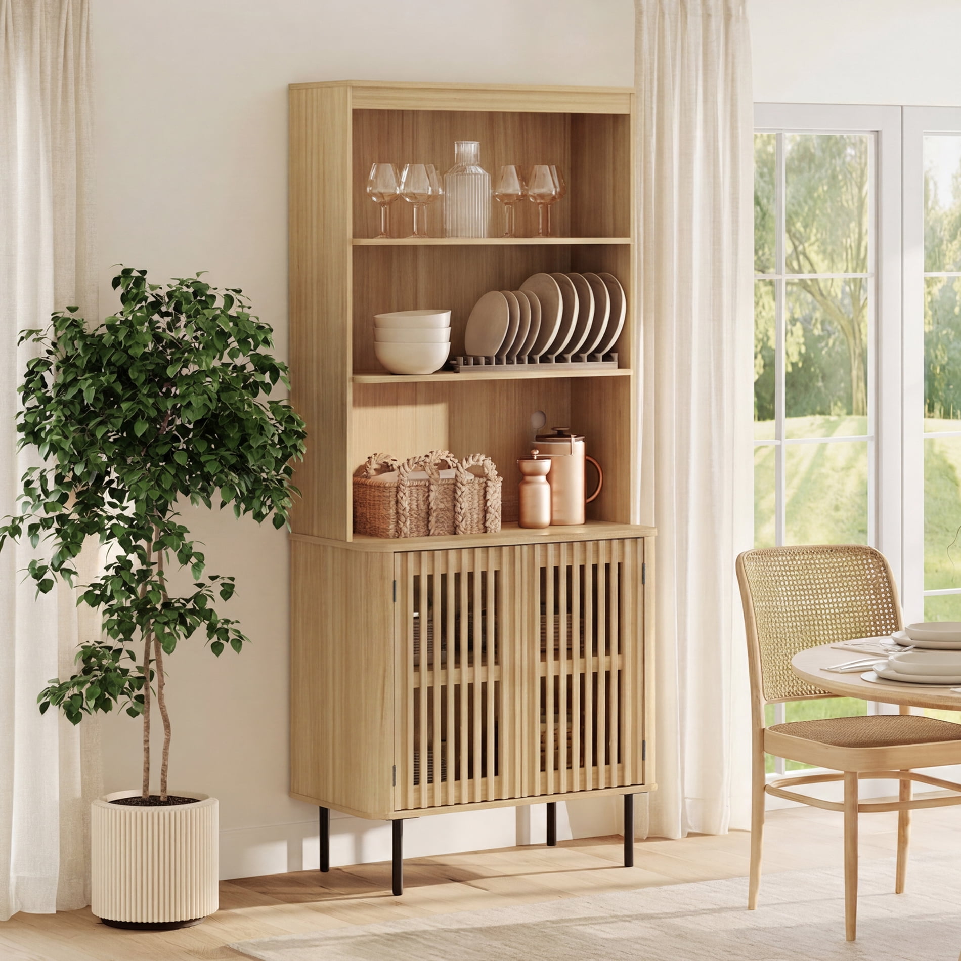 72.8" Tall Bookshelf with Doors - 3 Tiers Large Modern Bookcase with Adjustable Shelves, Oak