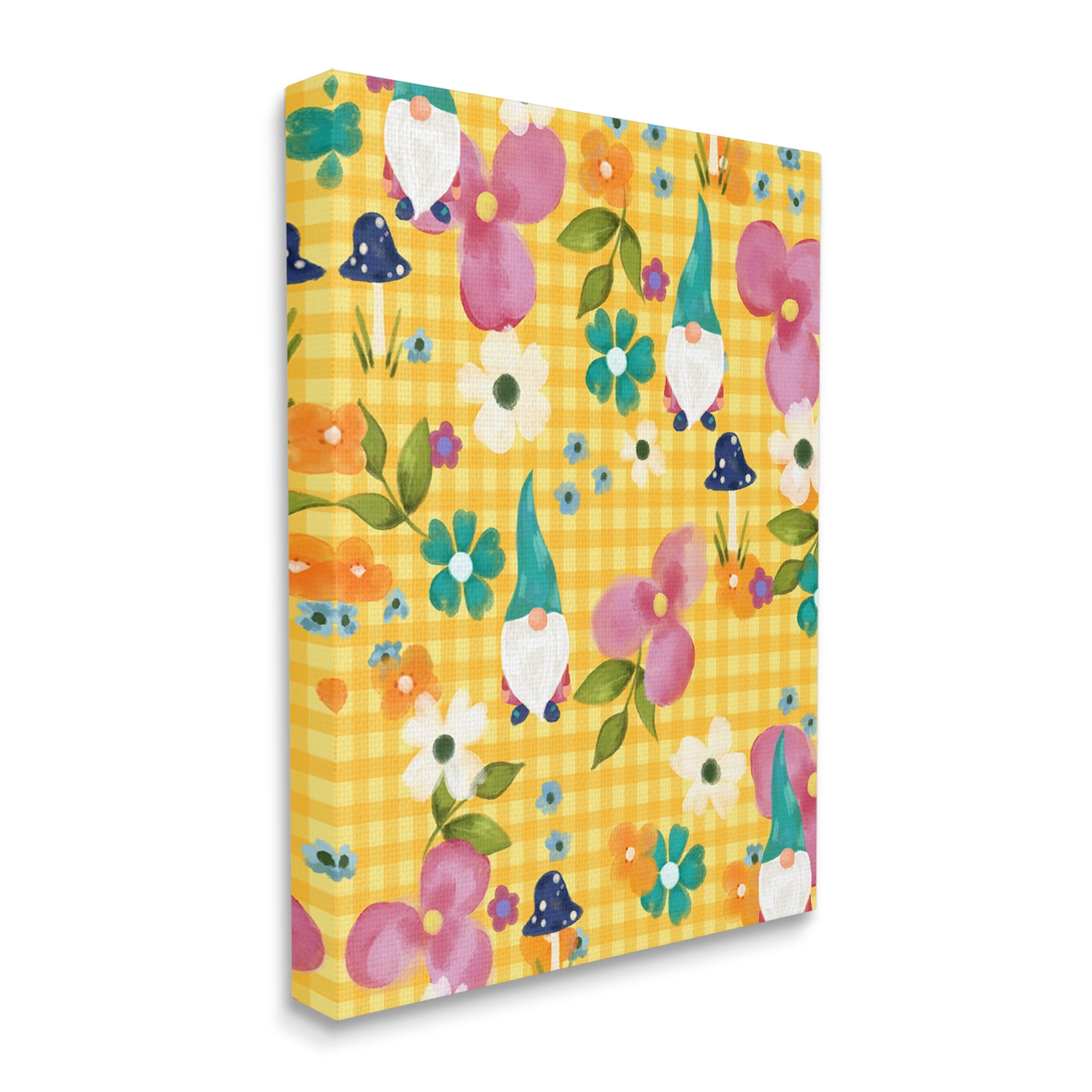 Stupell Industries Yellow Tartan Patterned Spring Gnomes Mushrooms Graphic Art Gallery Wrapped Canvas Print Wall Art, Design by Laura Konyndyk