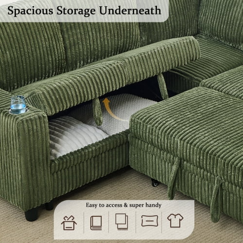 Howcool Modular Sectional Sleeper Sofa, 81" L-Shaped Oversized Cloud Couch with Pull-Out Bed, 5-Seat Corduroy Sofa with Storage Chaise, USB Charging and Cup Holders for Living Room Apartment,Green