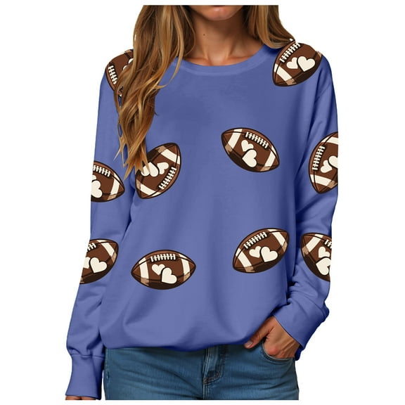 GEWSEY Womens Sparkle Football Sequin Rugby Sweatshirt Game Day Y2K Crewneck Oversized Shirt Long Sleeve Fleece Pullover (Blue, XL)