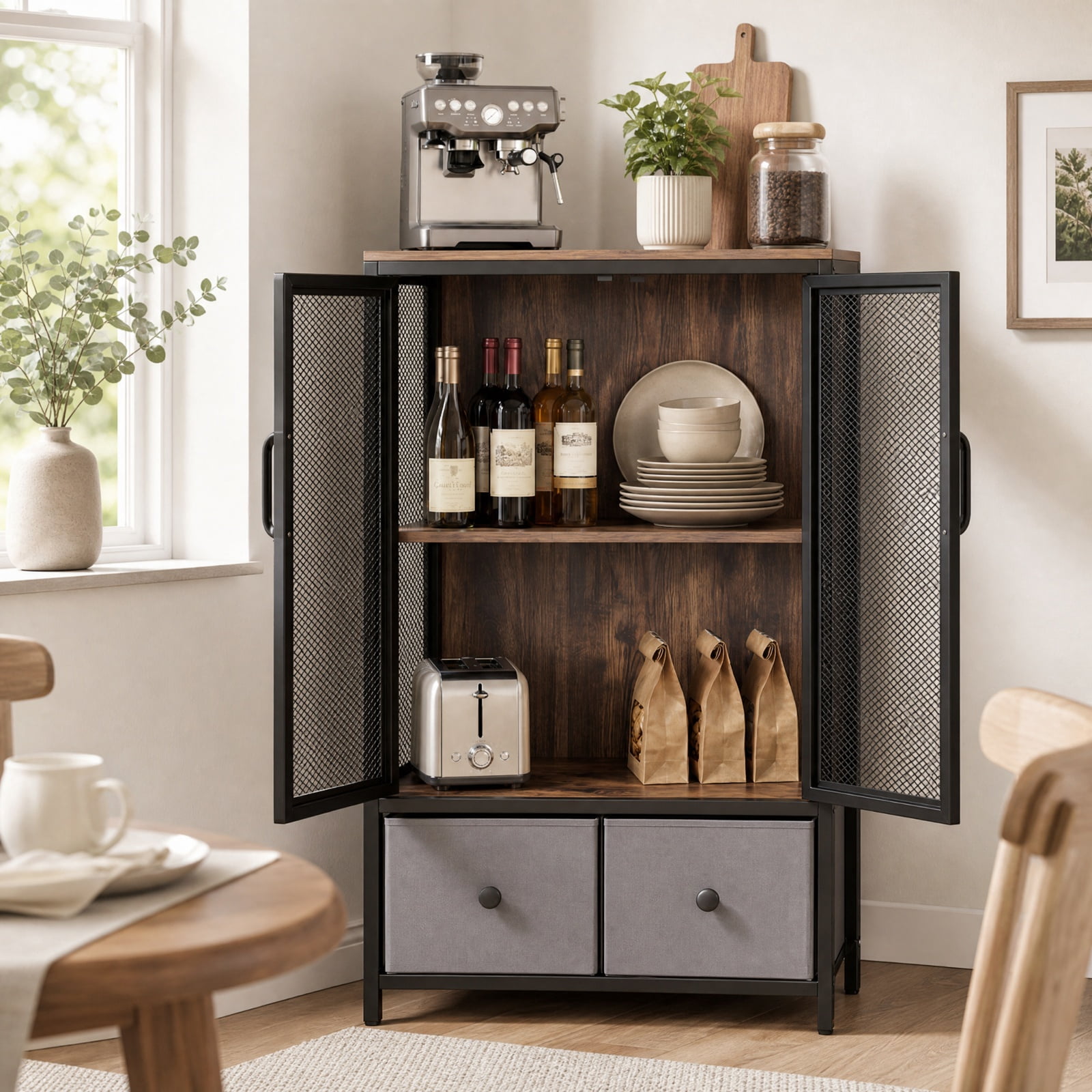 Furnibear Industrial Coffee Bar Cabinet with 2 Tier Open Shelves and 2 Cloth Drawers for Home Kitchen Coffee Station Storage, Rustic Brown