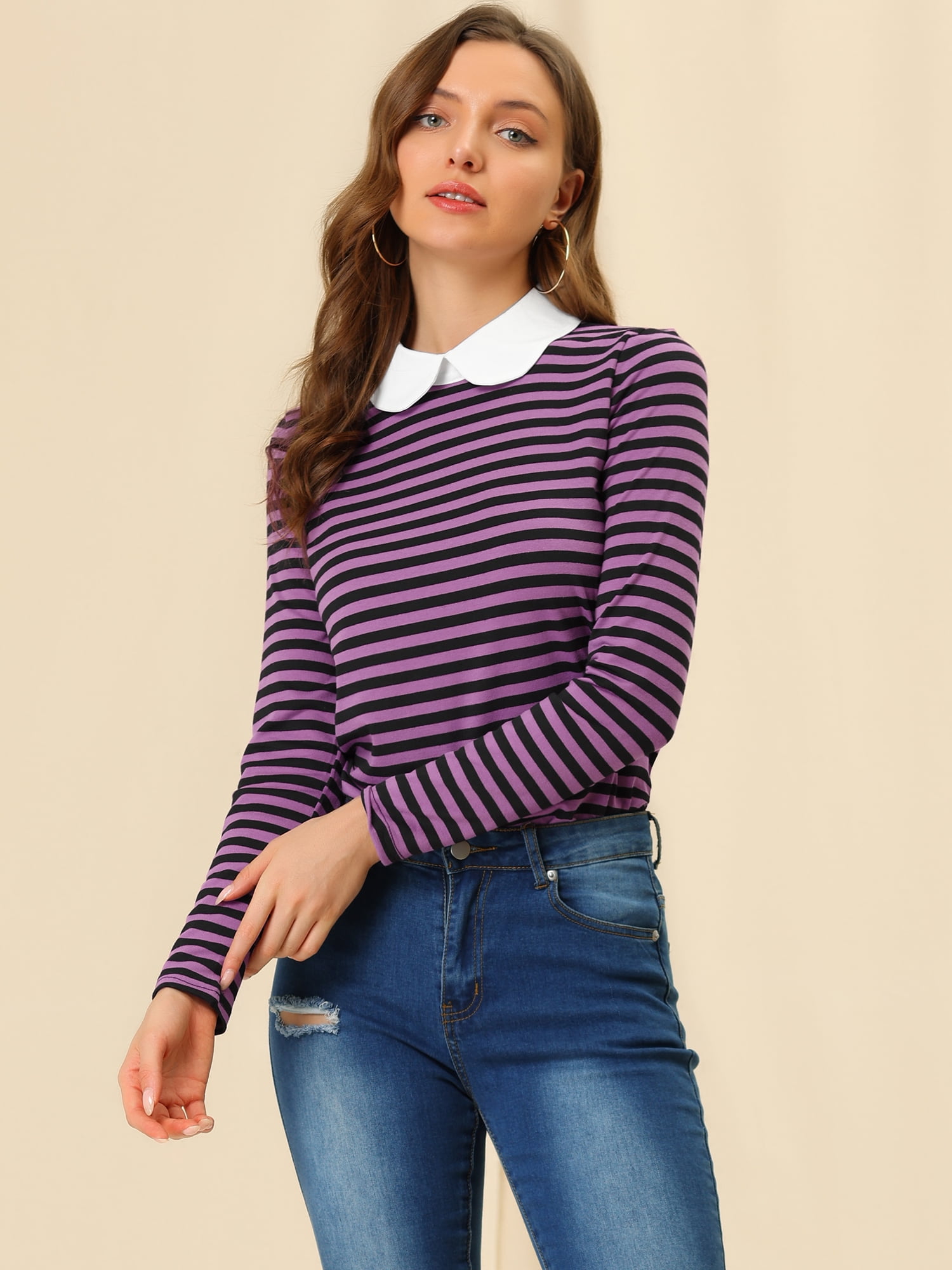 Unique Bargains Women's Long Sleeve Peter Pan Collar Long Sleeve Striped Top M Purple Black