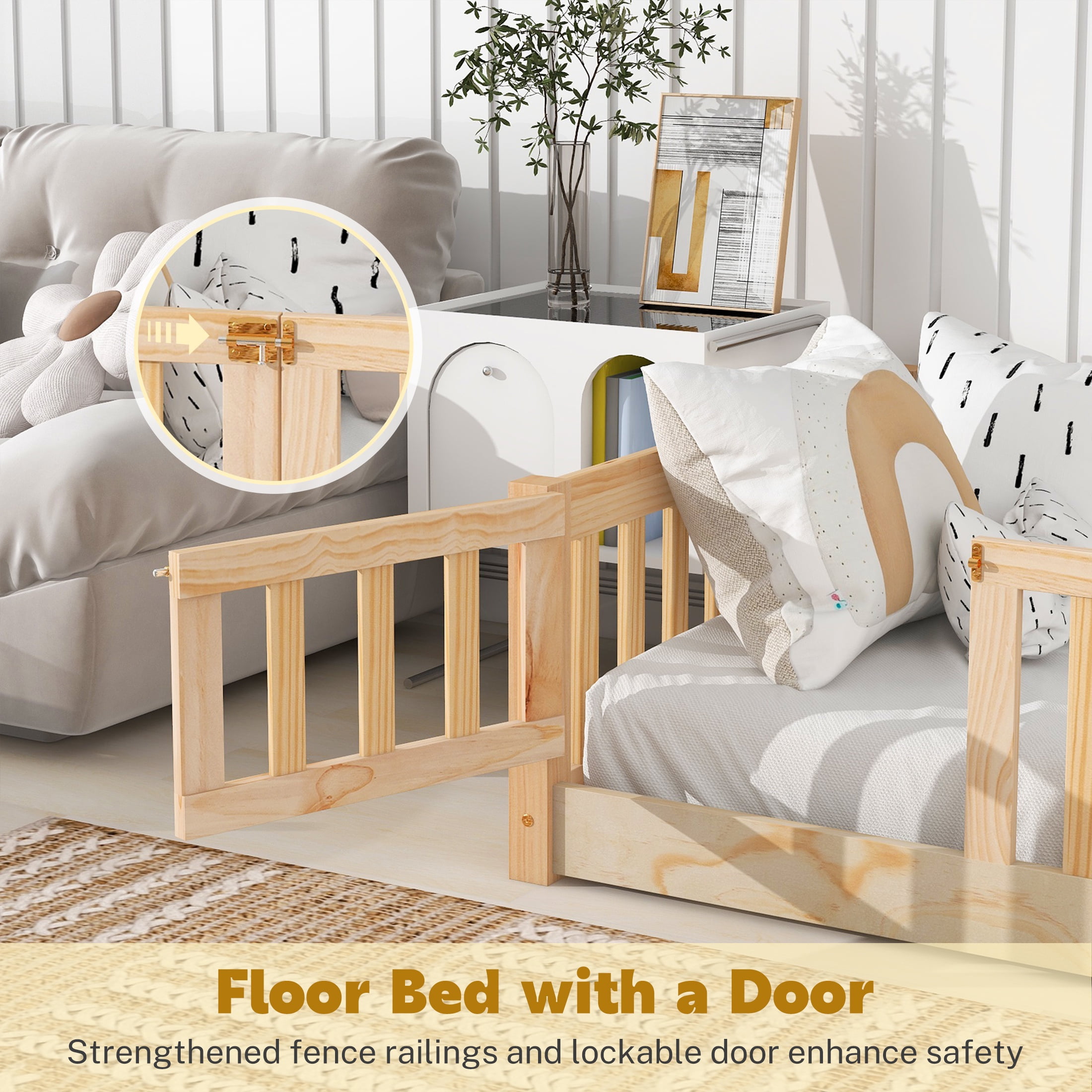 PAPROOS Twin Montessor Floor Bed, Solid Wood Toddler Bed with Safety Guardrail and Door, Easy Assembly, Low-to-Floor Bed Frame with Slats for Kids, Natural
