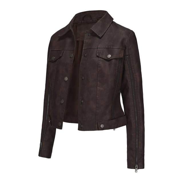 EGNMCR Manteau et Vestes Décontractés Sans Capuche à Manches Longues pour Femmes, Coupe Ajustée, en Cuir, Col Montant, Fermeture Éclair, Manteau de Moto, Ceinture, Manteau, Veste, Manteau pour Femme