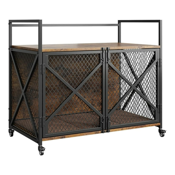 31/41 Inch Dog Crate Furniture, Heavy Duty Dog Kennel Table with 360° Swivel Wheels, Double Doors, 4 Latches, Vintage Farmhouse Dog House End Table for Large, Medium and Small Dogs