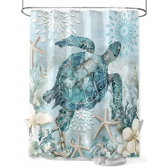Fsddascl Teal Turtle Coastal Shower Curtain Set - Long 72" x 84" Washable Bathtub Curtain with 12 Hooks, Summer Beach Nautical Starfish Waterproof Fabric Stall Shower Curtains for Bathroom/Bathtub
