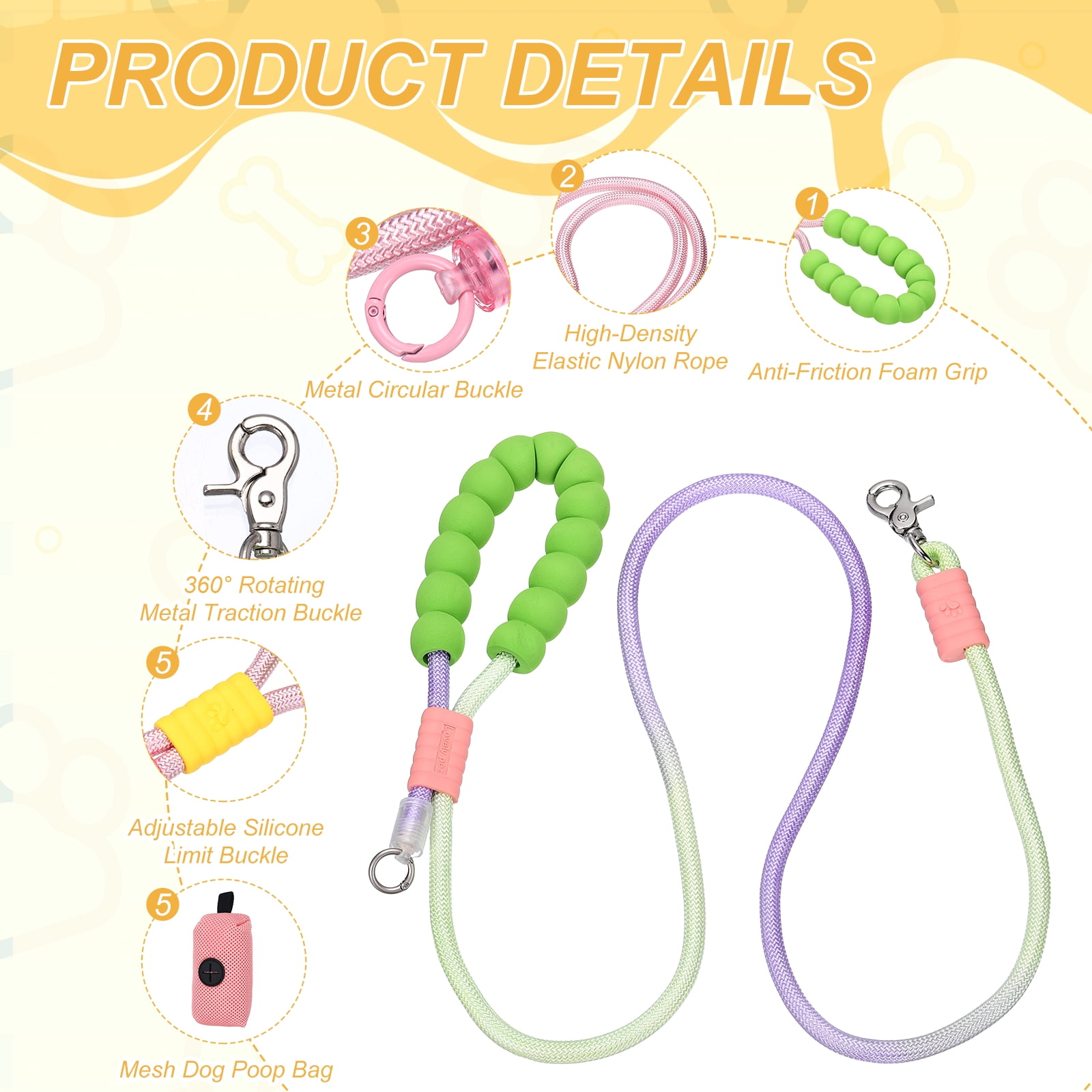 Uxcell Dog Leash with Padded Hands Free, 6.6ft/2m Adjustable Bungee Dog Training Leash, No Pull Heavy Duty Rope(Blue Pink, Pink Bag), Intended for Large Medium Pet Running/Hiking/Walking