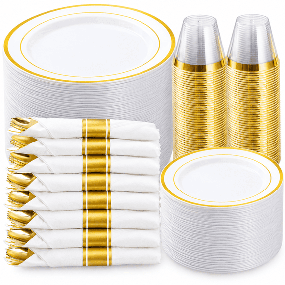 Goodluck Disposable Gold Plastic Dinnerware Set for 50 Guests, 350-Piece Party Tableware with Dinner Plates, Dessert Plates, Cups, Cutlery & Pre-Rolled Napkins