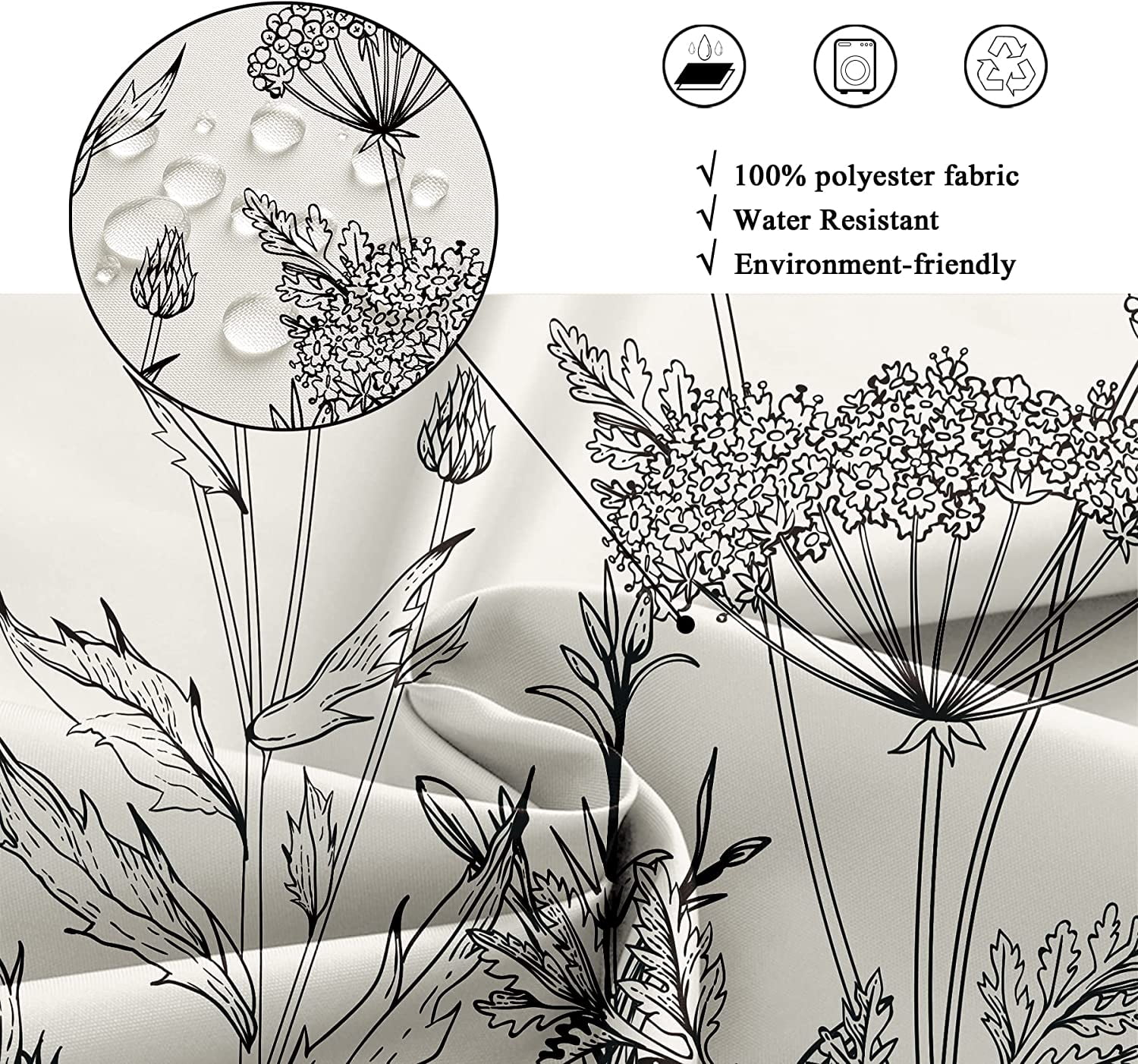 Wild Floral Shower Curtain Botanical Flower Plant Herbs Tulip Nature Blossom Wildflower Leaf Sketch Waterproof Fabric 72Wx72H Inch Polyester Bathroom Bathtub Decoration 12 Pack Plastic Hooks