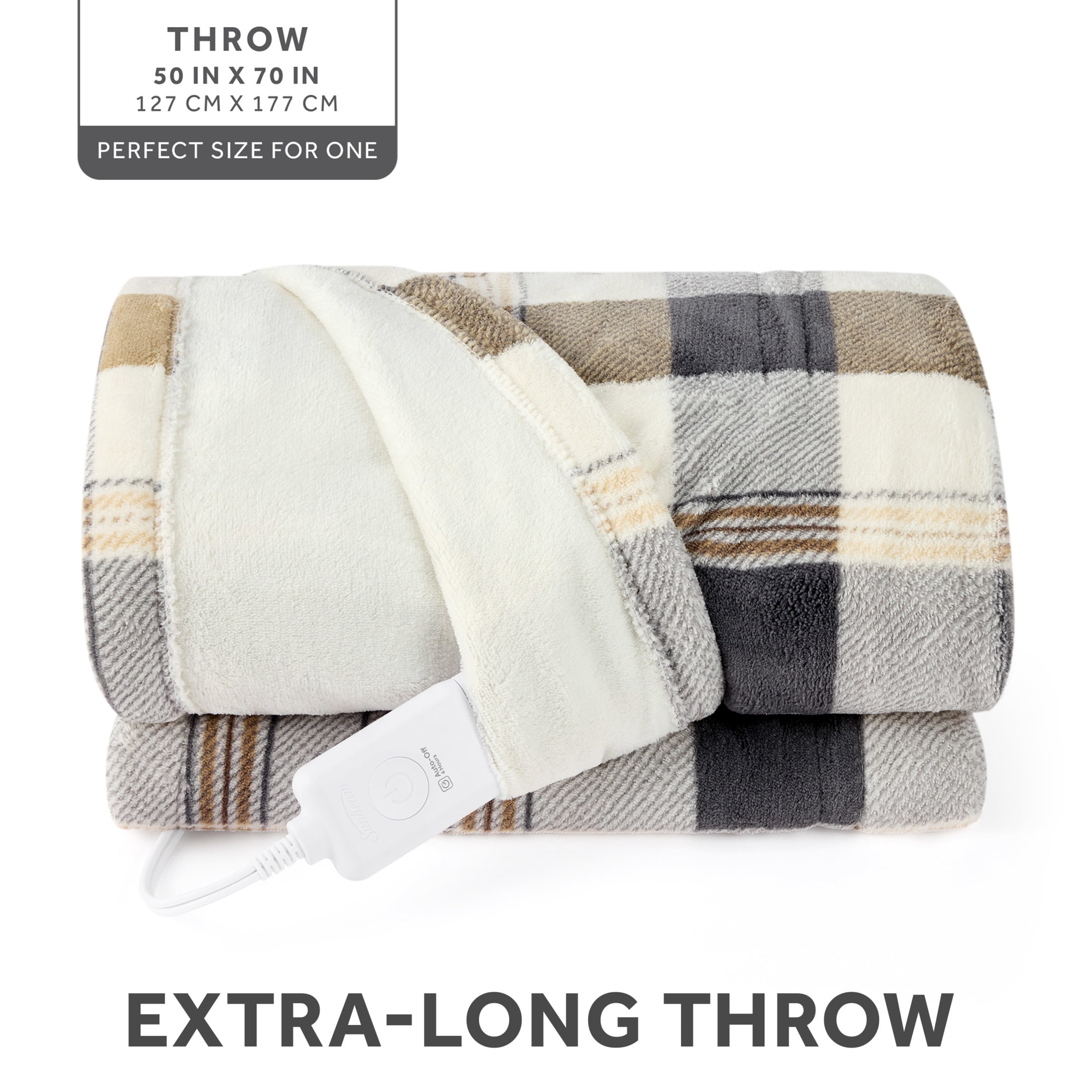 Sunbeam Electric Heated Throw Blanket Neutral Plaid Microplush 4 Heat Settings 50x70