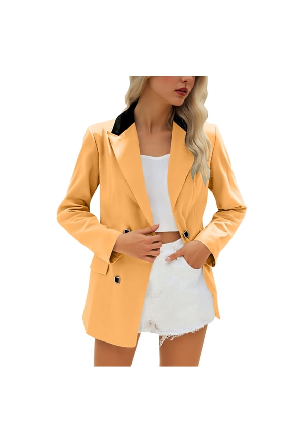 Womens Blazer Long Sleeve Turndown Collar Button Business Casual Office Suits Solid Color Lightweight Pocket Jackets White S