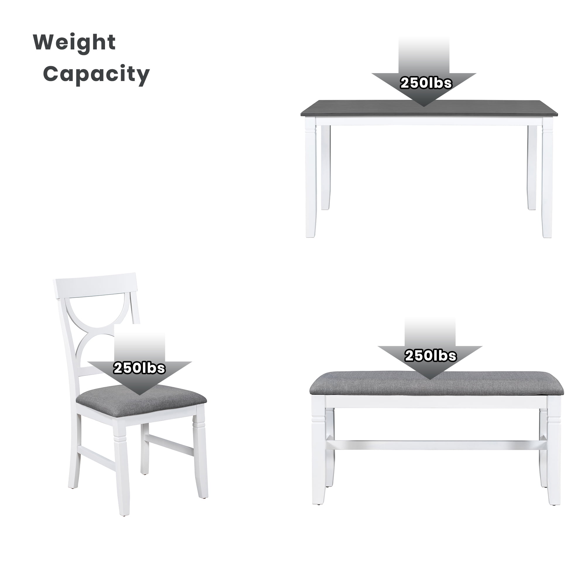 Harper & Bright Designs Farmhouse 6 Pieces Dining Table Set for 6, Solid Wood Kitchen Table Set with 4 Upholstered Chairs and Bench, White