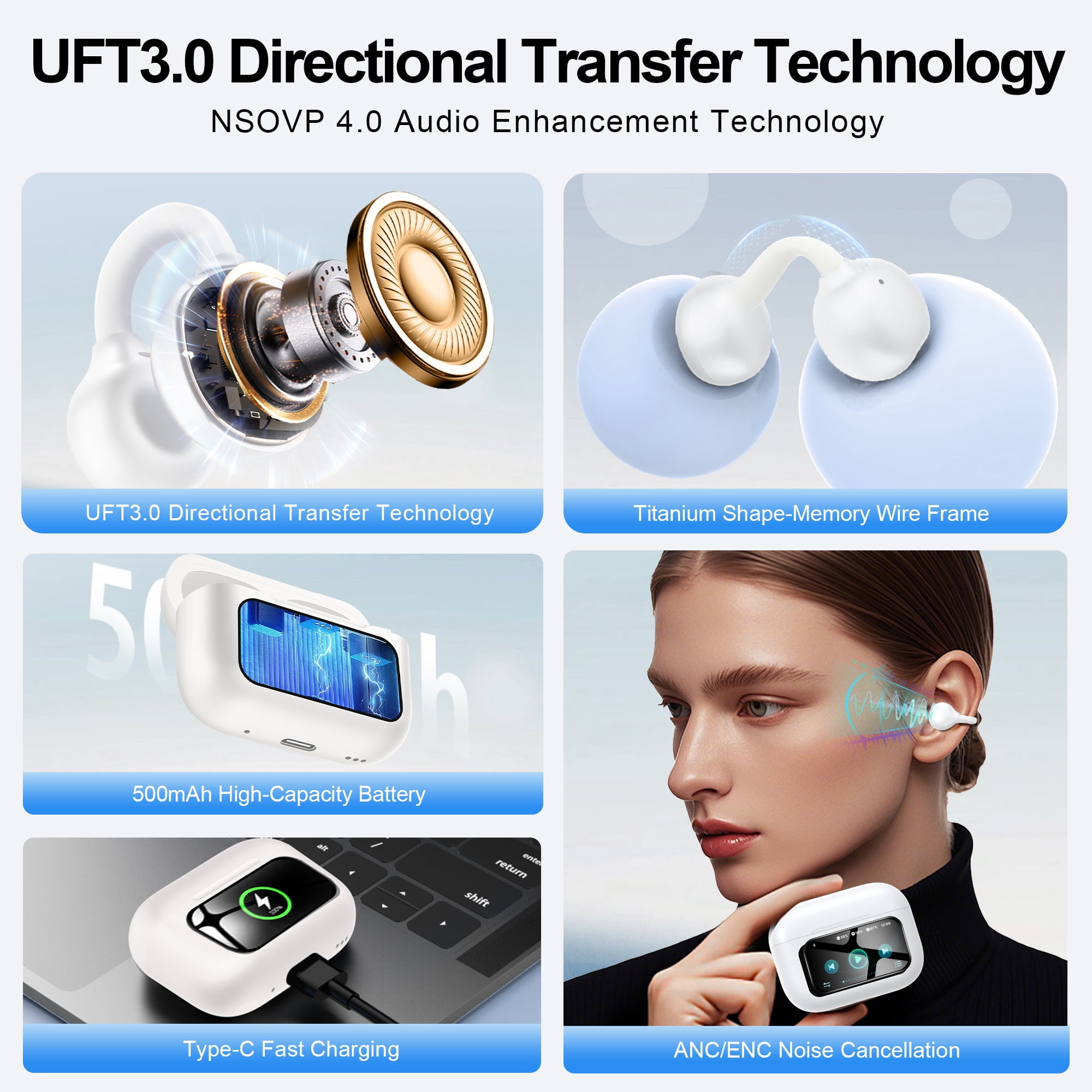 Open-Ear Headphones, Wireless Clip On Earbuds with Touch Screen Charging Case 60H Playtime, Bluetooth 6.0, IPX7 Waterproof, Lightweight Comfort, Stable Fit, Open-Ear Safety Design for Workout/Running