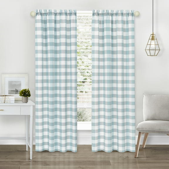 Woven Trends Semi Sheer Checkered Curtains 84 Inches Long, Rustic Farmhouse Gingham Curtains for Bedroom, Living Room, and Kitchen, Single Panel, 42" x 84", Light Blue
