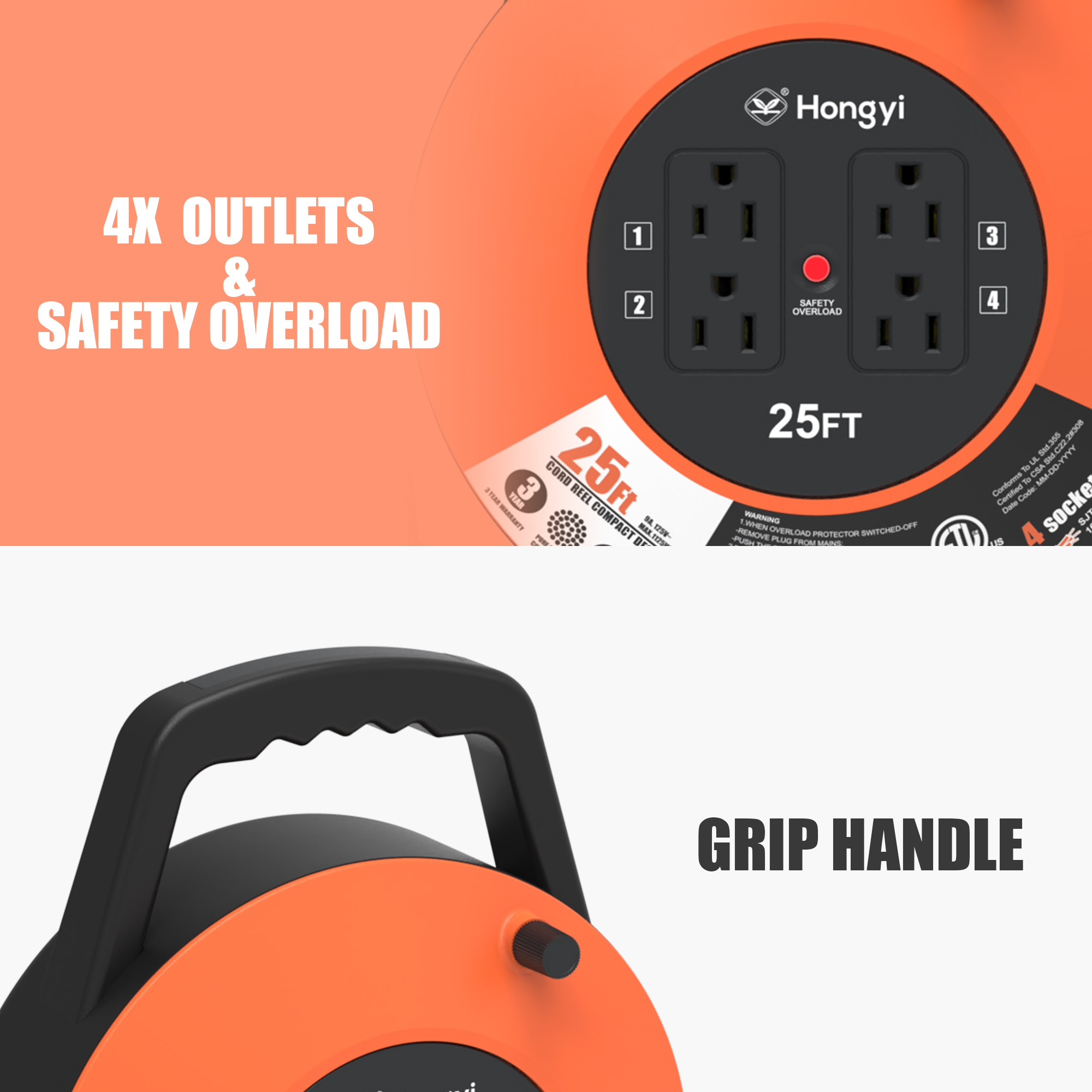 Hongyi 25 ft Extension Cord Reel with 4 Outlets photo 3