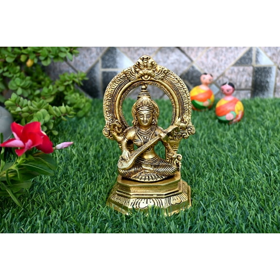 Brass Goddess Saraswati Statue Idol Sculpture Moorti Home Decor Artifacts Temple Accessories Size 15 x 9 x 6.5 CM