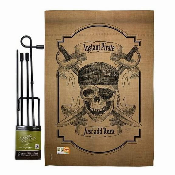 BD-PI-GS-107047-IP-BO-D-US16-BD 13 x 18.5 in. Instant Pirate Burlap Coastal Impressions Decorative Vertical Double Sided Garden Flag Set with Banner Pole