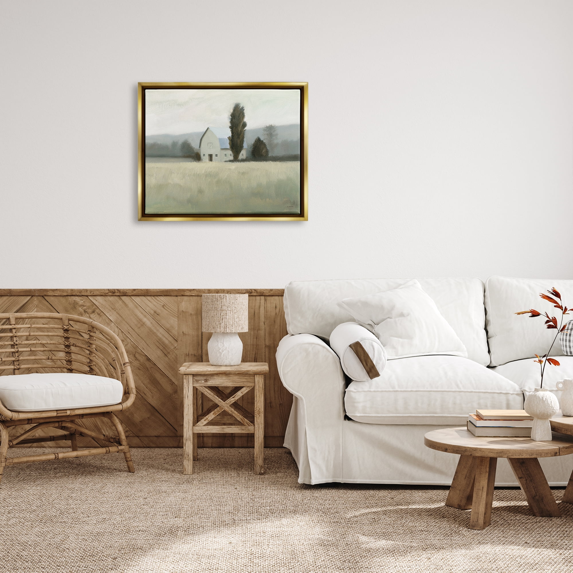 Stupell Industries Farmside Landscape White Barn Green Meadow Metallic Gold Framed Floating Canvas Wall Art, 24x30, by James Wiens
