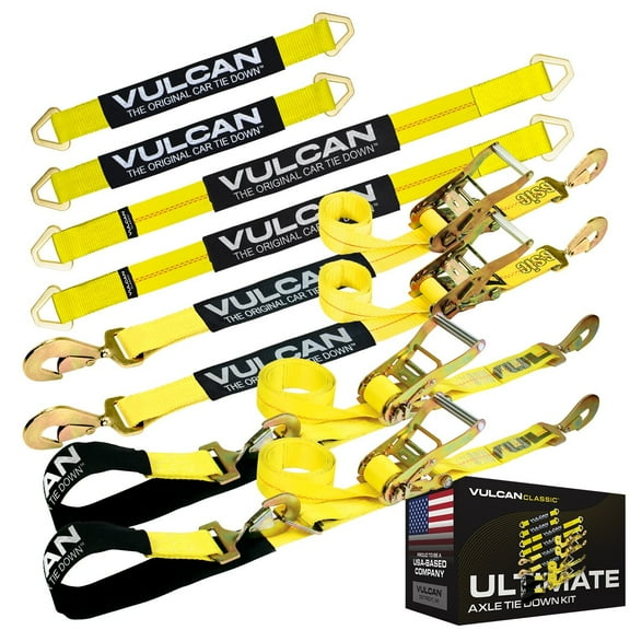 VULCAN Ultimate Axle Tie Down Kit, Yellow, (2) 22 inch Axle Straps, (2) 36 inch Axle Straps, (2) 96 inch Snap Hook Ratchet Straps, and (2) 112 inch Axle Tie Down Combination Straps
