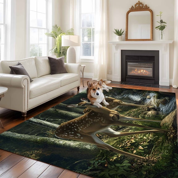 6'x9' Area Rugs, Forest Deer Indoor Outdoor Area Rug for Living Room Bedroom, Farmhouse Elk River Washable Bathroom Rugs Kitchen Floor Carpet Mats Home Decor Aesthetic