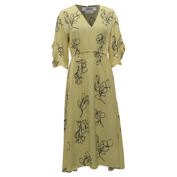 Pre-Owned Jason Wu Floral-Print V-Neck Midi Dress in Pastel Yellow Viscose