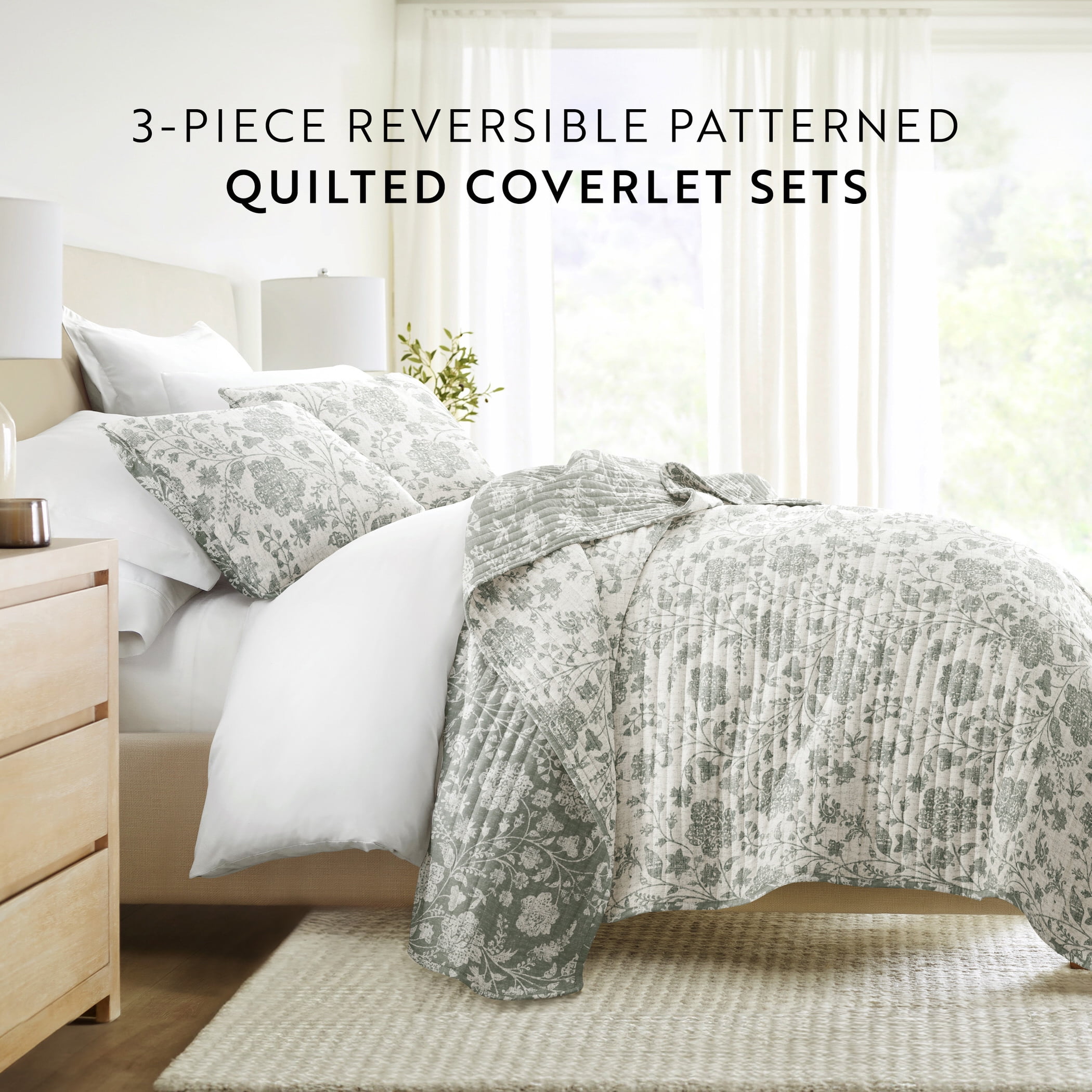 Noble Linens 3-Piece Eucalyptus Textured Floral Reversible Quilt Set, Queen
