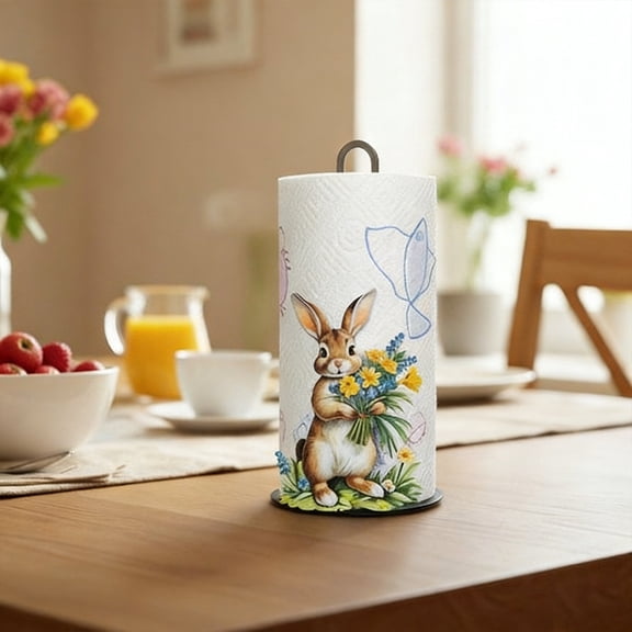 Hxlamzoo Metal Rabbits Shaped Paper Towel Holder with Weighted Base Multicolor Easter Decoration for Kitchen Bathroom Countertop Home Decor
