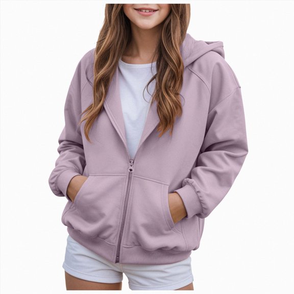 WUANDIXFA Girls Zip Up Hoodie 1-14 Years Kids Fashion Oversized Sweatshirt Jacket with Pockets,Purple,13-14 Years