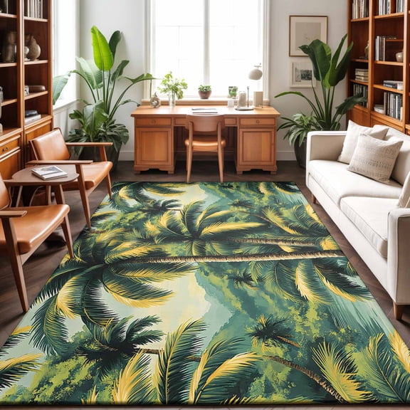 Area Rugs 5'x7', Summer Palm Tree Carpet Runner Indoor Outdoor Rugs Home Decor Aesthetic, Tropical Plant Leaves Nature Landscape Non Slip Mats Washable Accent Rug for Living Room Bedroom
