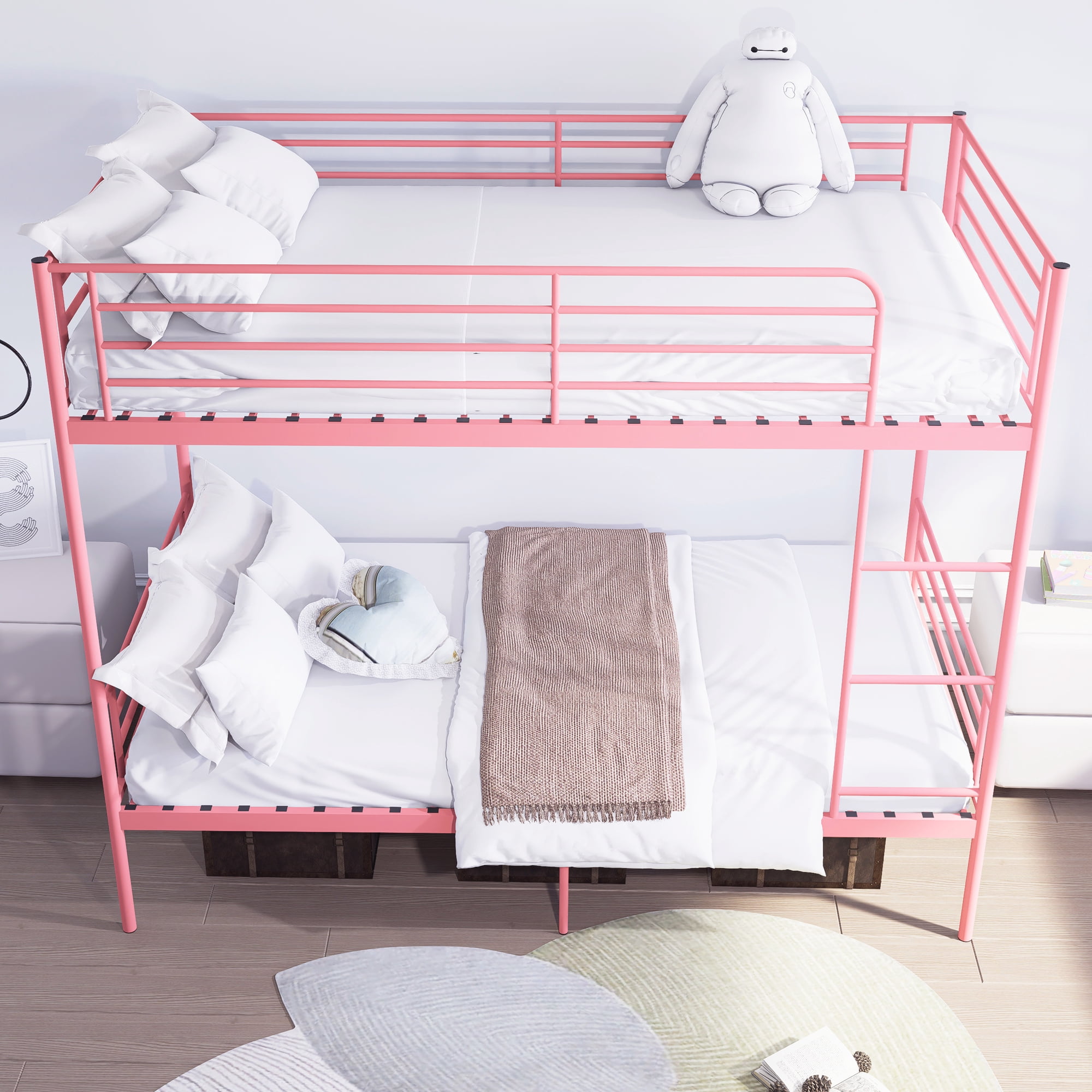 Leumius Twin over Twin Bunk Bed,Metal Bed Frame with Ladder and Guardrail,Noise Free,Easy Assemble,Able to Split 2 Bed,Pink