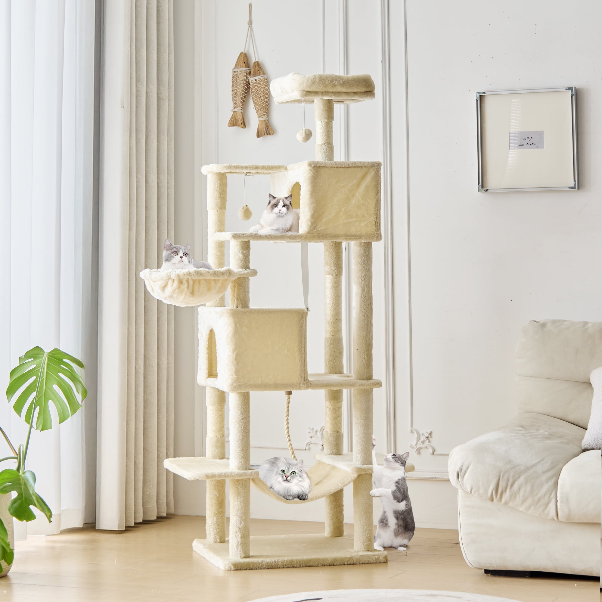 JIOABL 66" Multi-Level Cat Tree Tower with Hammock, Large Condo, Climbing Plates, Plush Toy, Kitty Playing House, Beige