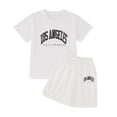 thumbnail image 3 of Bobifish Little Girls Outfit Sets Summer Short Sleeve Top Letter Print Loose Fit Elastic Waist Shorts 2 Piece Sets, 3 of 7