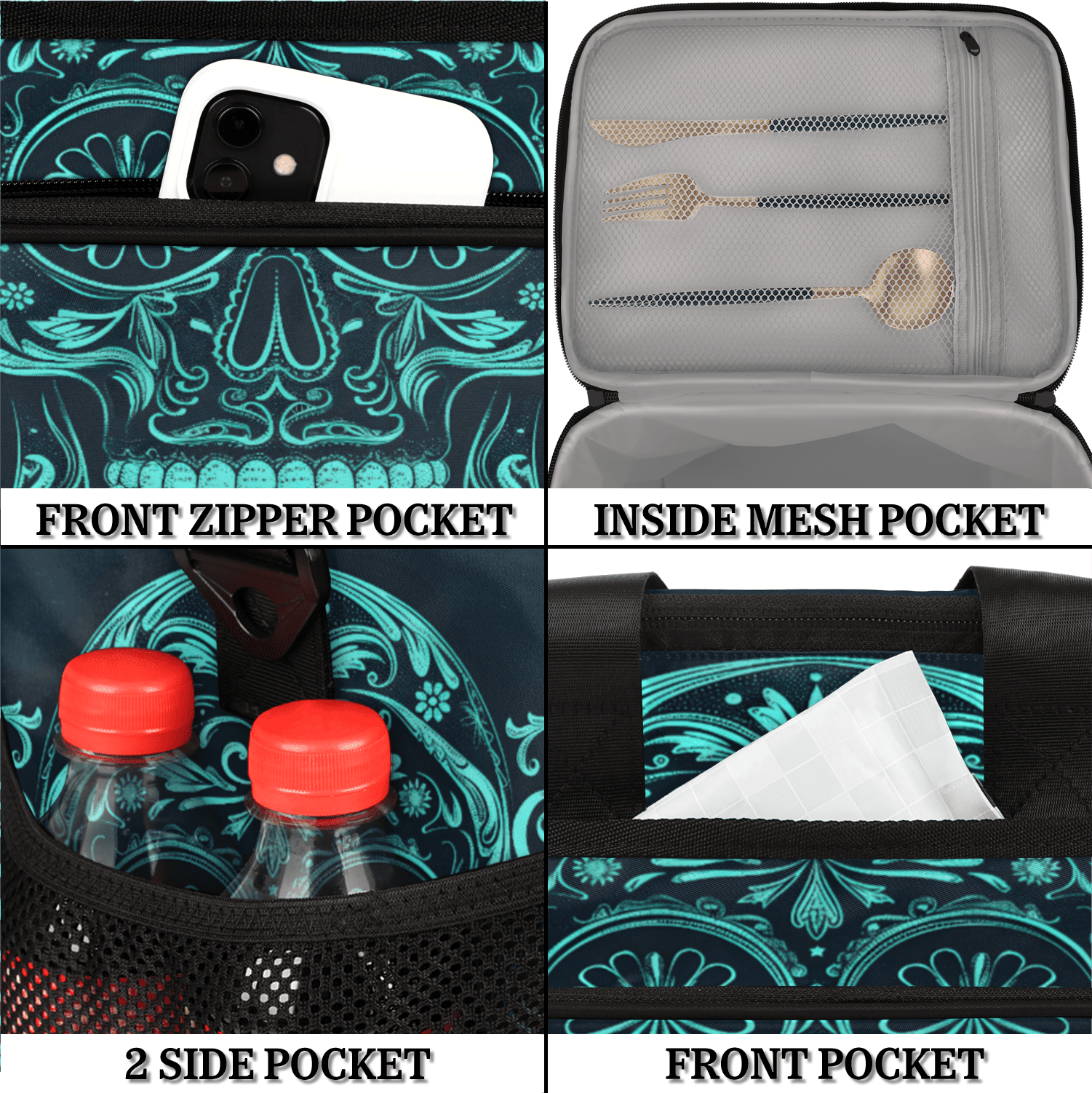 Herdesigns Sugar Skull Mexican Large Lunch Box for Adults Women Men with Adjustable Shoulder Strap, Insulated Reusable Lunch Bag Leakproof Cooler Tote Bag