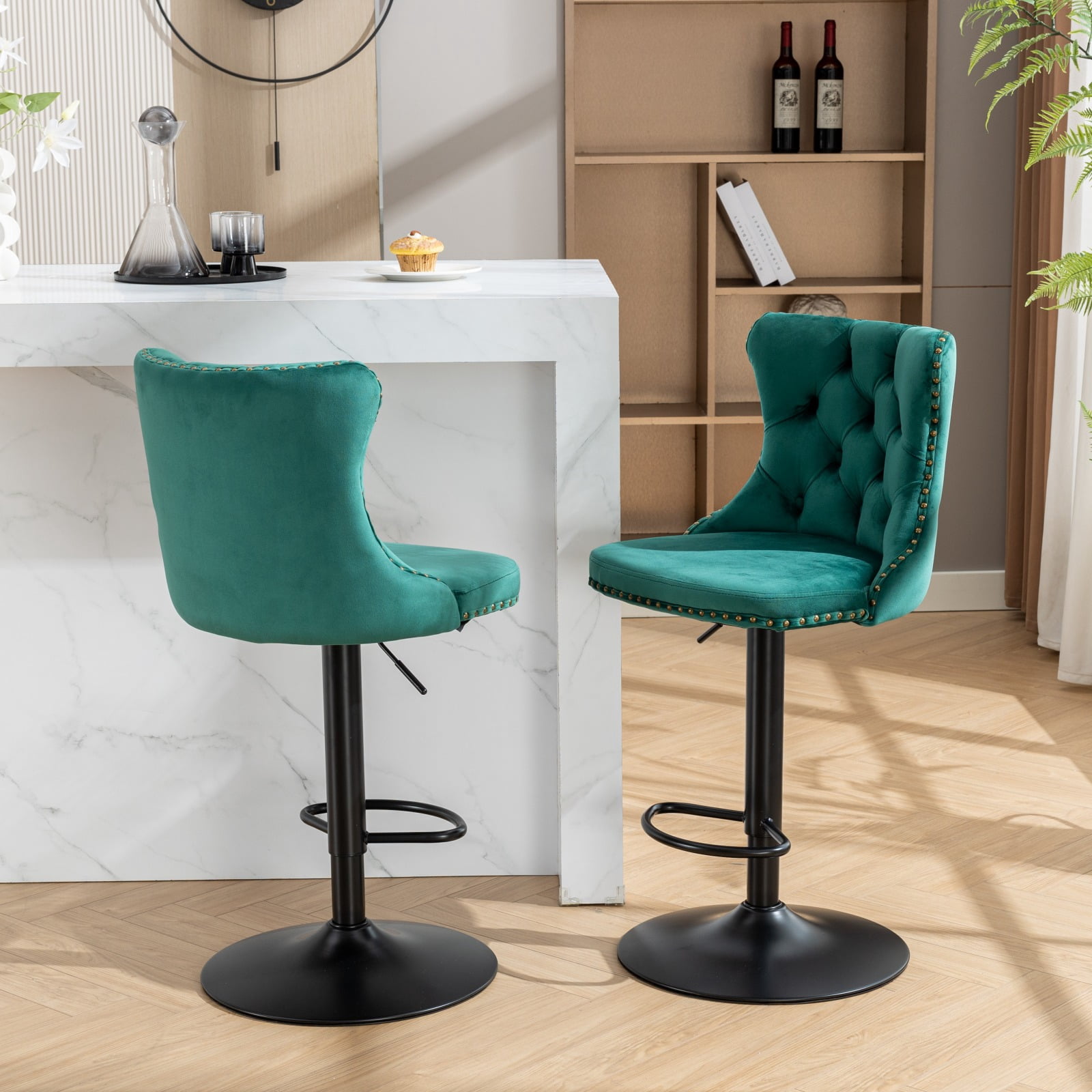 Holaki Set Of 2, Modern Classic Swivel Velvet Barstools, 25-33 Inch Adjusatble Seat Height, Upholstered Chrome Base Bar Stools With Backs Tufted, For Home Pub, Living Room, Kitchen(Black Base+Green)
