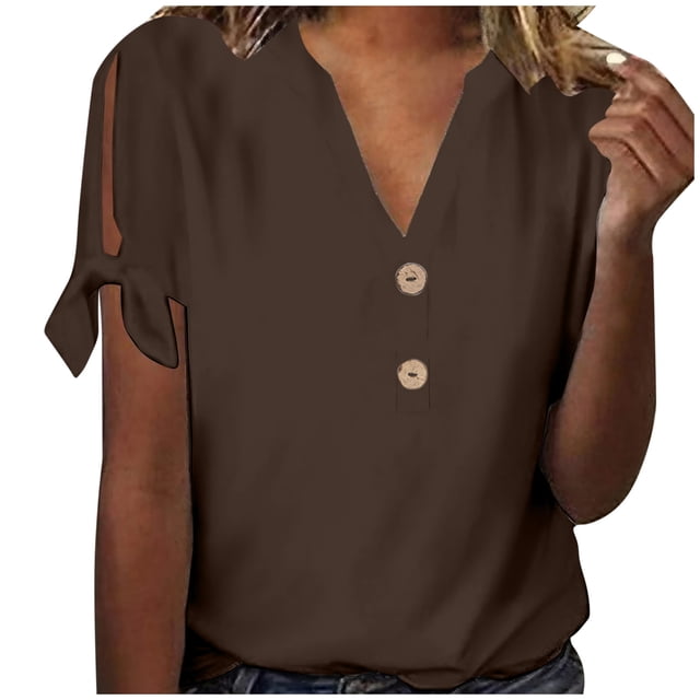 SROBPTY Chemises d'Été pour Femmes, Mode d'Été pour Femmes, Haut Décontracté à Manches Courtes et Col Rond Uni avec Manches Nouées, Haut/chemise à Manches Courtes Marron, TTG