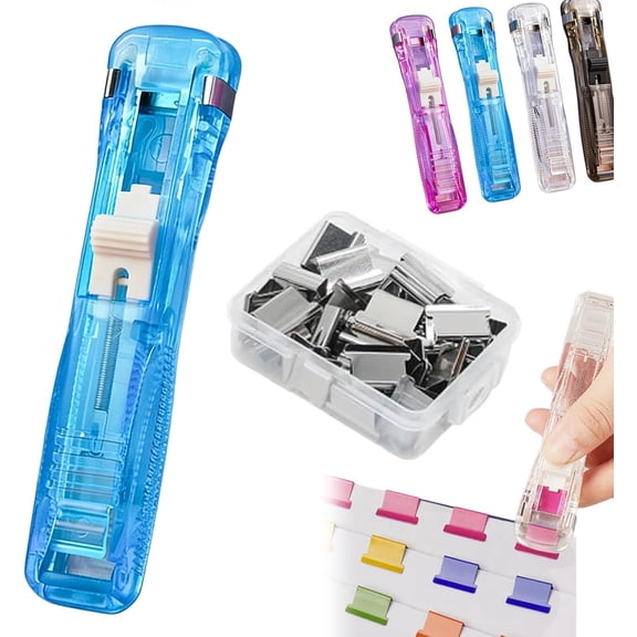 Portable Binder Clip Stapler - Includes 50 Reusable Clips, Reusable Creative Stapler, Handheld Paper Clam Clip Dispenser, Mini Push Stapler for Office Home(Blue)