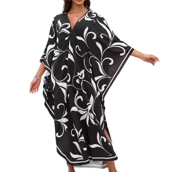 Women's Loose Kaftan Maxi Dress, Bohemian Floral Print V-Neck Batwing Sleeve Long Beach Dress, Lightweight Summer Cover Up
