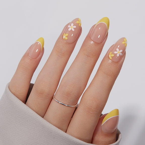 VSALON Press on Nails Short Almond - Lemon Yellow French Tip 3D Flower Design Fake Nails Kit, Reusable Semi-Transparent Gel Glue on Nails with Glue & Cuticle Oil - 32 PCS Stick on Nails in 16 Sizes