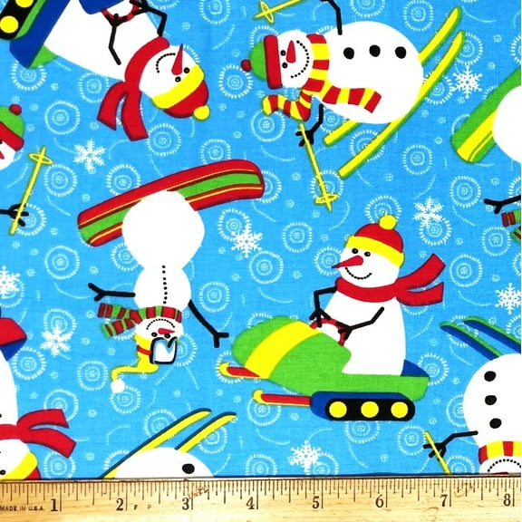 1 Fat Quarter - Adorable Snowmen Winter Fun on Blue Cotton Fabric - 21" X 18"