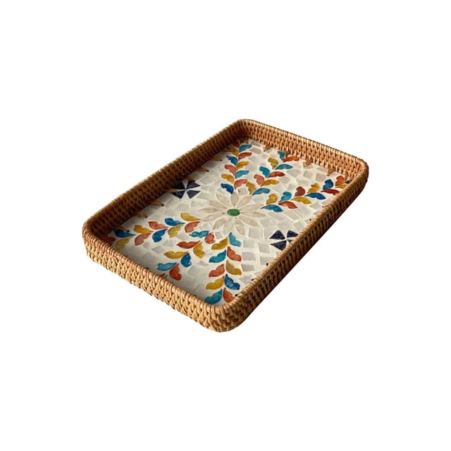 Vacemry Decorative Rattan Shell Tray, Handwoven Plastic Storage Container for Living Room Dining Room Coffee Table, Picnic Fruit Snack Organizer, Modern Home Decor Display