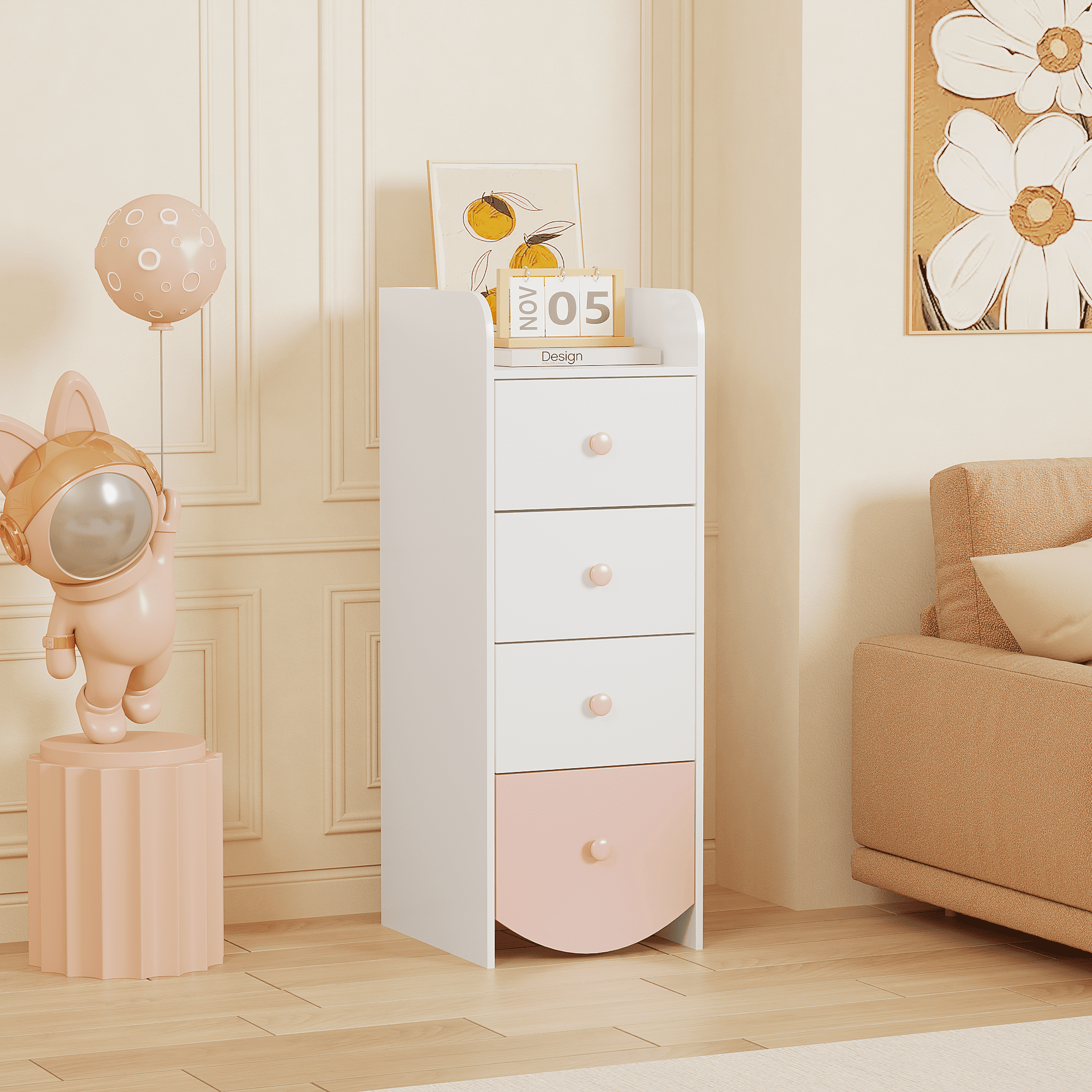 Kids Dresser with 4 Drawers, Narrow Storage Cabinet for Kids Room, MDF Chest of Drawers with Round Bottom Design, Nursery Bedroom Organizer, White