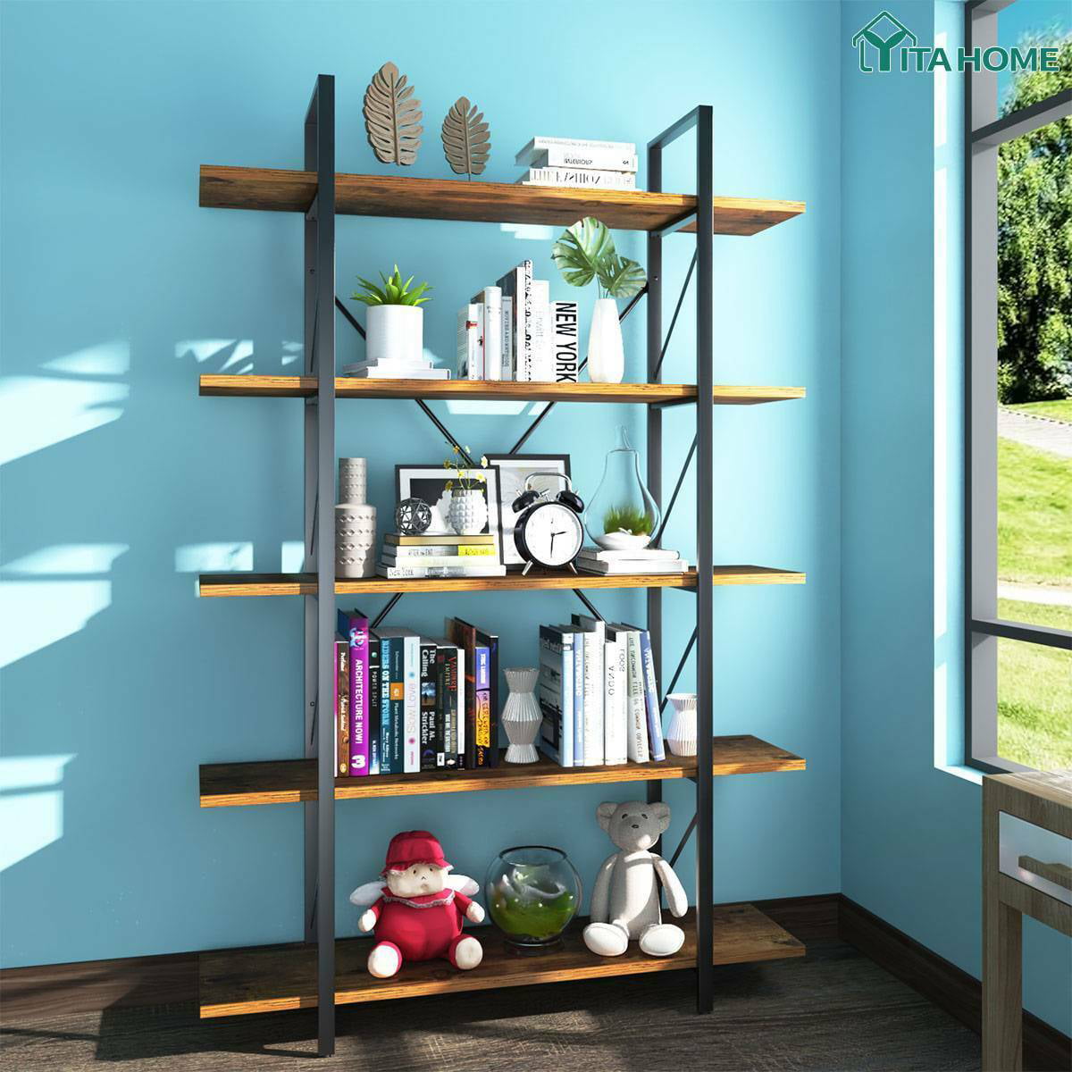 Details about   YITAHOME 5-Tier Bookshelf Storage Rack Display Shelves Organizer Industrial Wood 
