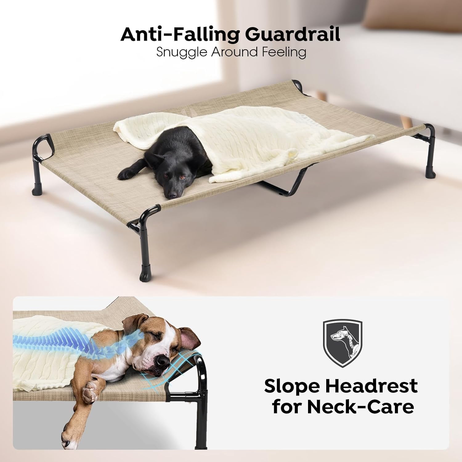 Elevated Dog Bed, Raised Dog Cots for Large Dogs, Waterproof Outdoor Dogs Bed, Cooling Pet Hammock with Guardrail, Upgraded Non-Slip Feet, Breathable Teslin Mesh, Beige, 47 x 29 inches