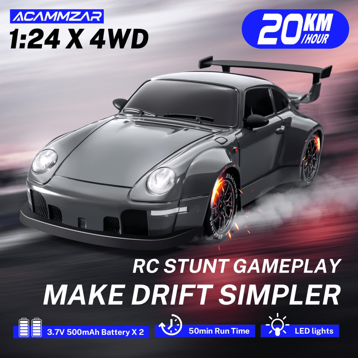 RC Drift Car for Adults, 1/24 Mini Remote Control Car 4WD RC Race Cars with Lights Dual Tires Batteries for Kids Christmas Birthday Gifts
