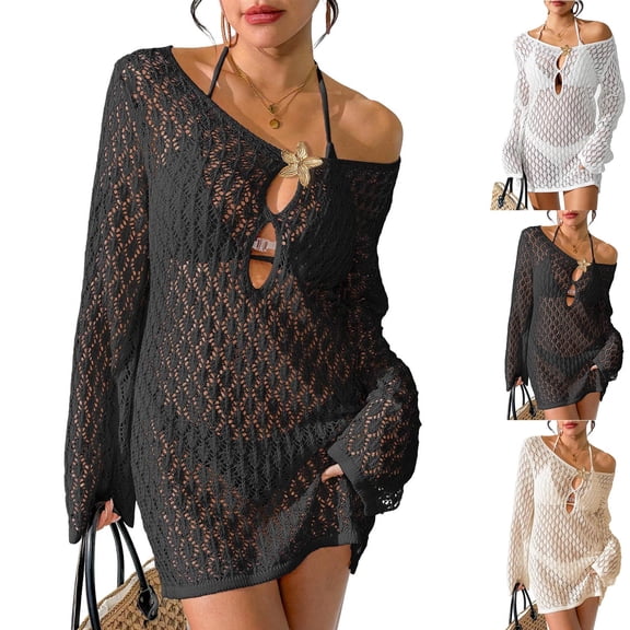 TARIENDY Beach Cover Ups for Women Long Sleeve Crochet Bikini Swimsuit Coverup Knit Bathing Suit Cover Up Dress Beige L